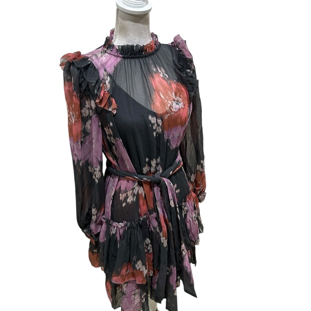 NWT unsubscribed Floral Long Sleeve sheer floral Dress tie belt ruffle black  8 - Picture 3 of 13